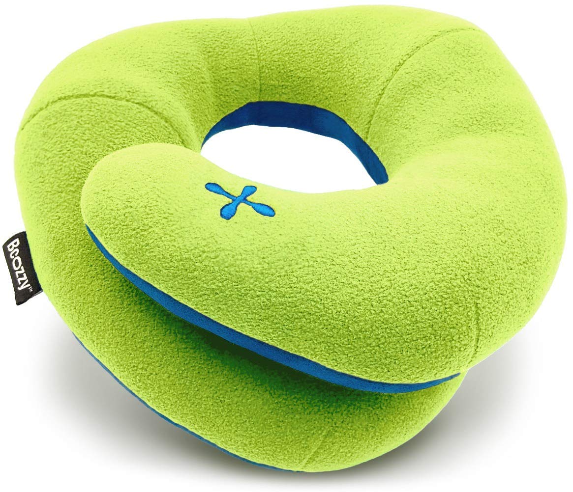 BCOZZY Kids Travel Pillow, Patented Neck & Chin Design for Maximum Head Support in Car Seat & Airplane, Lightweight & Soft, Dual-Sided Climate Control Cover, Fully Machine Washable. Child, Apple-Green