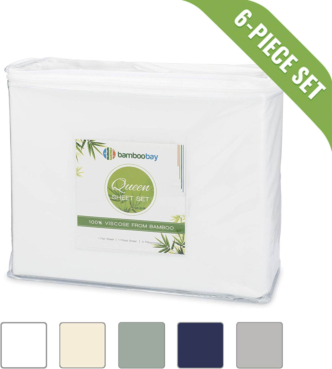 Bamboo Bay 100% Viscose from Bamboo Sheets - Hypoallergenic and Organic 6-Piece Bamboo Sheet Set - Extra Deep Pocket, No-Slip Fitted Sheet - Soft, Cool, and Durable (Queen, White)