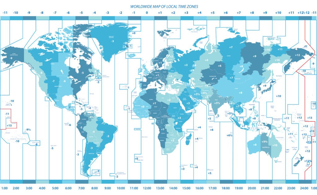 A blue and white world map of time zones.