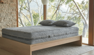 A double-sided vegan hybrid Brentwood Home Crystal Cove mattress.
