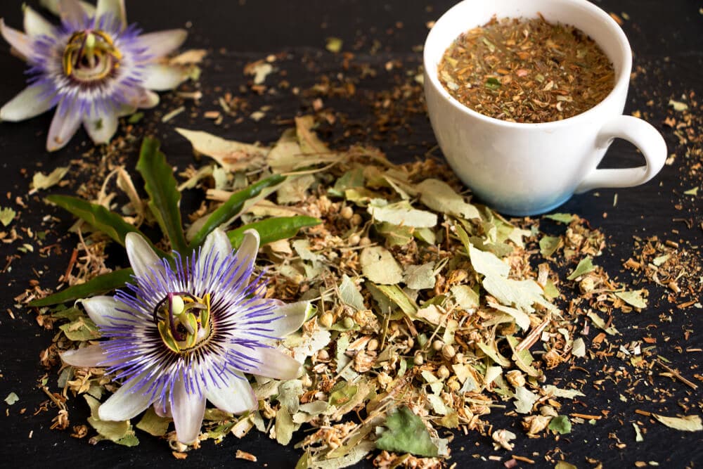 tea from the leaves of the passionflower and a cup of tea