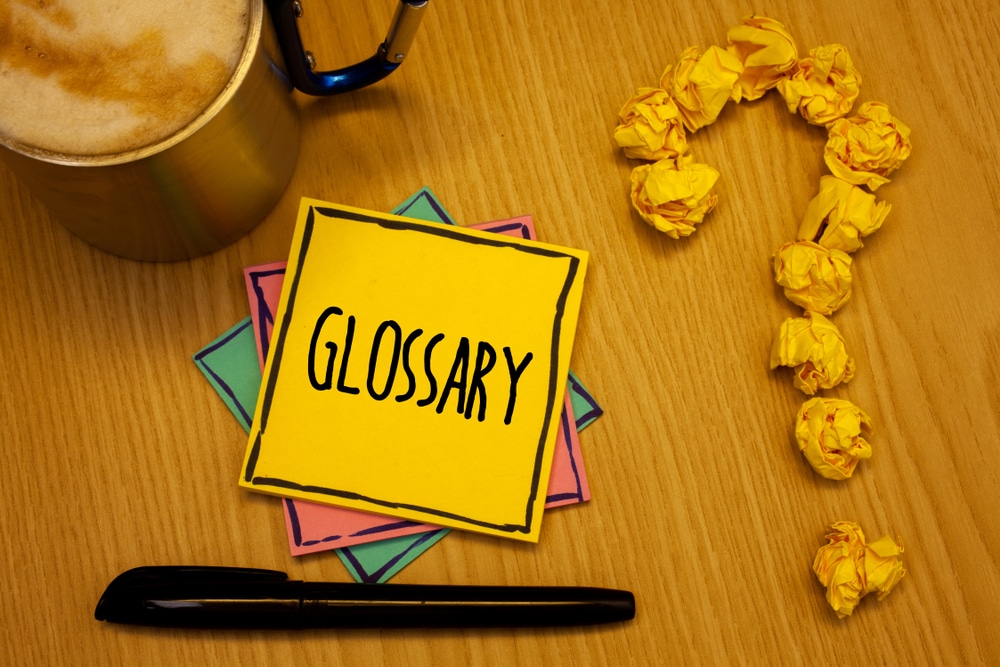 Writing note showing Glossary. Business photo showcasing Alphabetical list of terms with meanings Vocabulary Descriptions Message wood table coffee cup question mark crumpled papers.