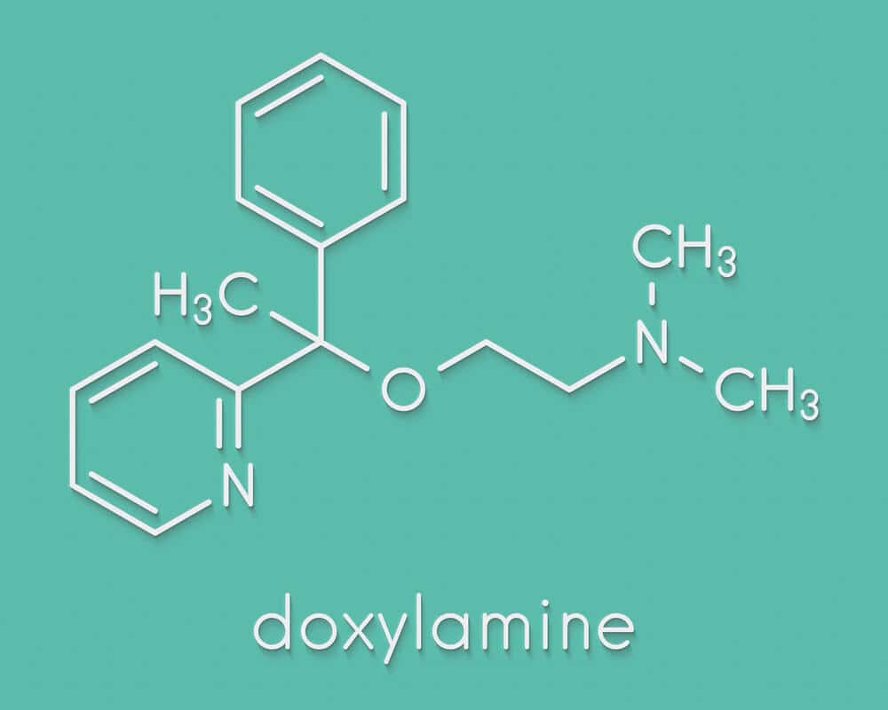 Doxylamine antihistamine drug molecule. Also used as over-the-counter (OTC) sedative. Skeletal formula. Found in Nyquil.