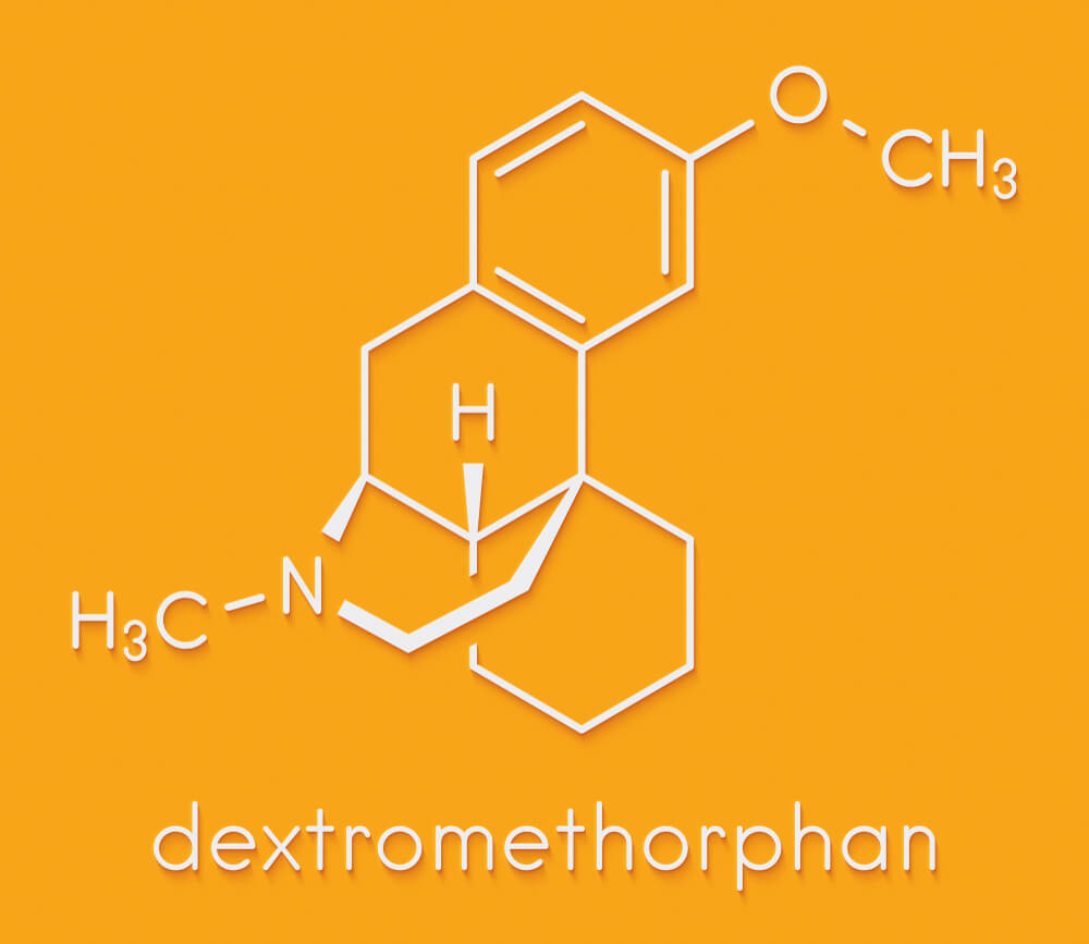 Dextromethorphan cough suppressant drug (antitussive) molecule. Skeletal formula. Found in Nyquil.
