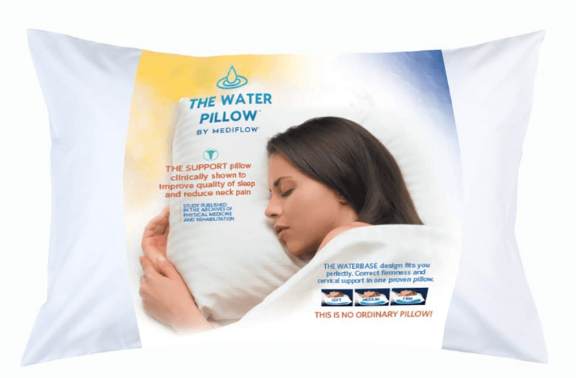 A memory foam pillow with a blue and yellow label.