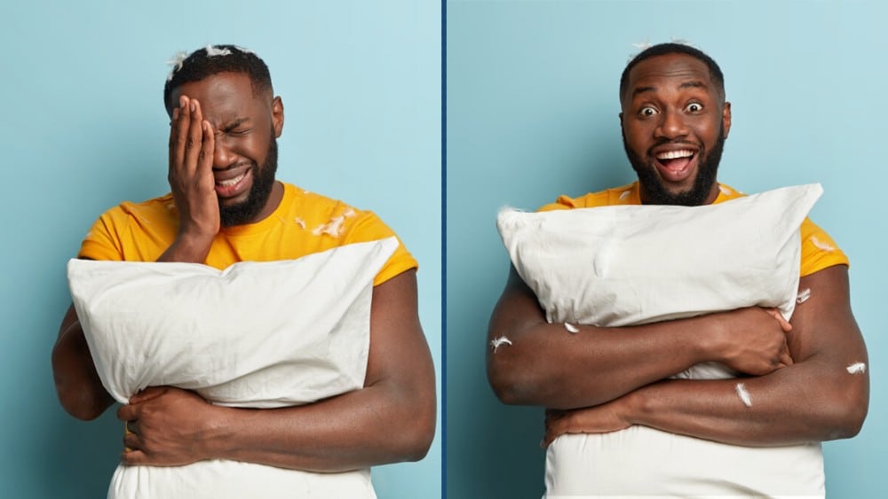 A before and after of a man with the best pillow for headaches relief.