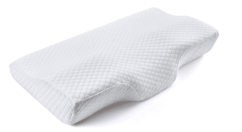 A white, contoured neck memory foam pillow