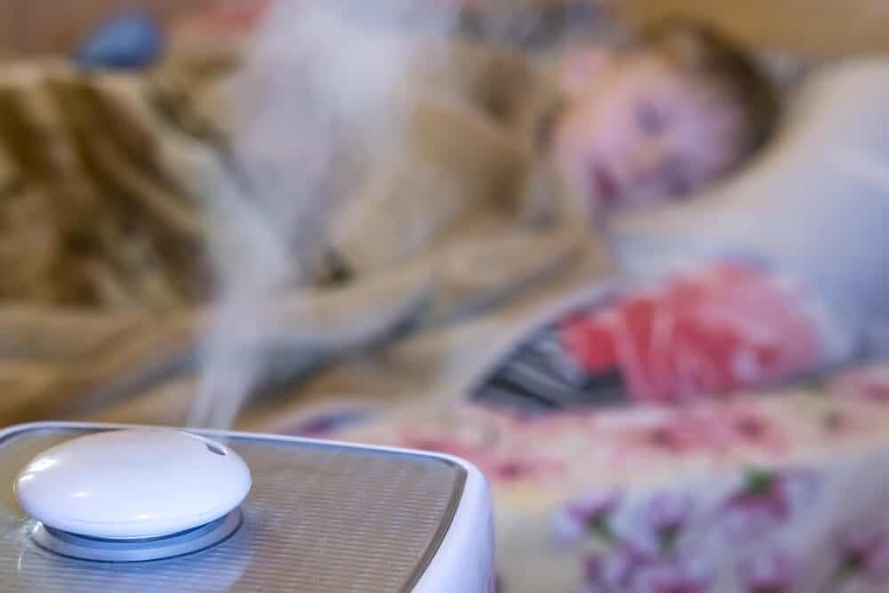 steam flow from a humidifier and an air ionizer in a blurred room with a sleep small child. Climatic device used to increase indoor humidity. humidifier for snoring concept