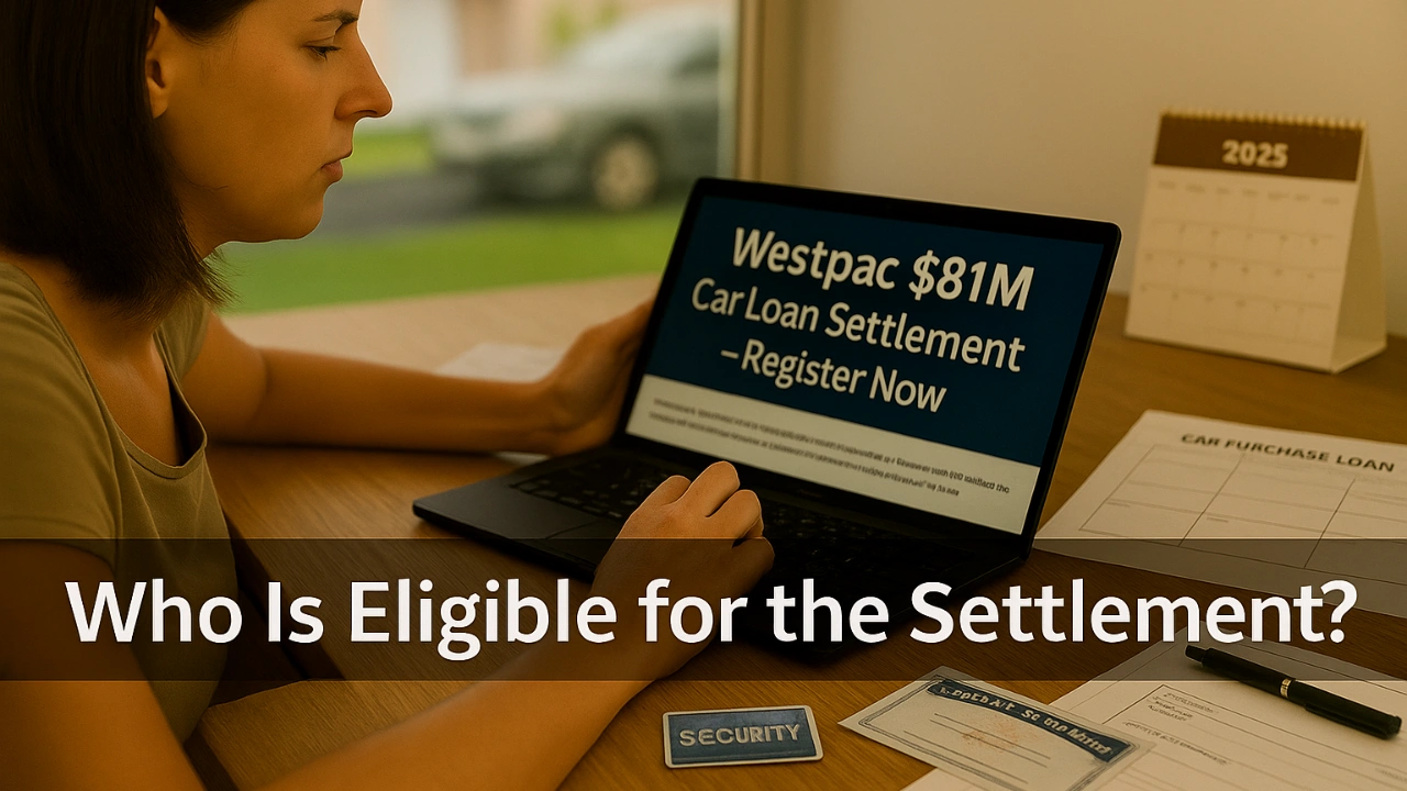 Australian car buyer reviewing Westpac auto loan settlement notification on laptop with a calendar and legal paperwork nearby