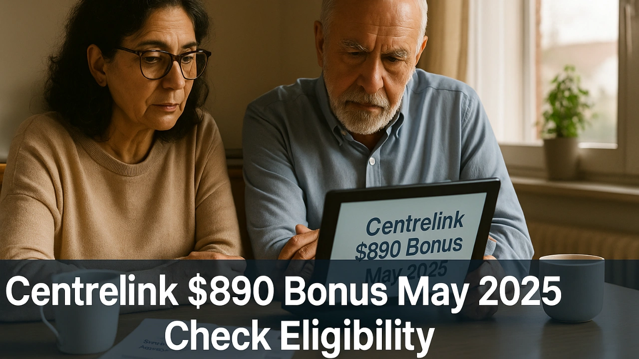 Australian seniors checking Centrelink $890 bonus May 2025 on laptop and mobile, with payment summary on screen