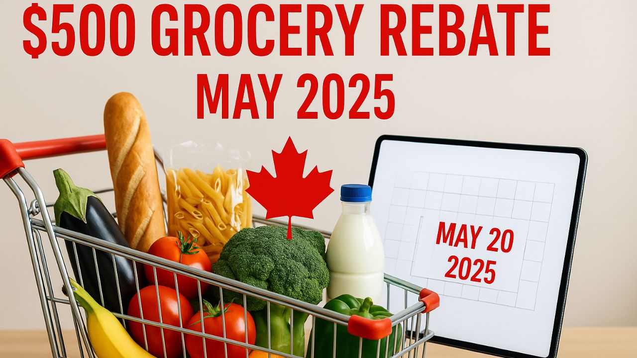 Illustration of a Canadian family receiving $500 grocery rebate payment in May 2025 with CRA logo and grocery items in background