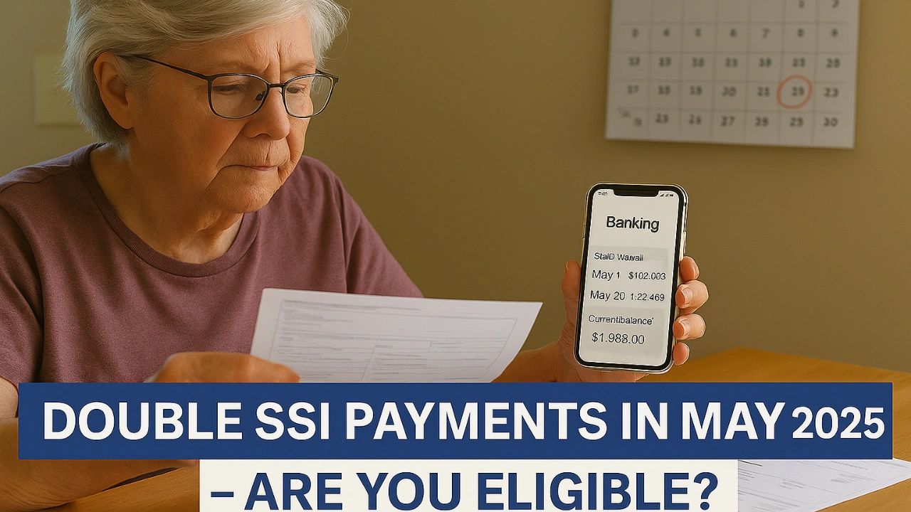 Older American reviewing bank deposit showing double SSI payment for May 2025, with a calendar and Social Security documents nearby